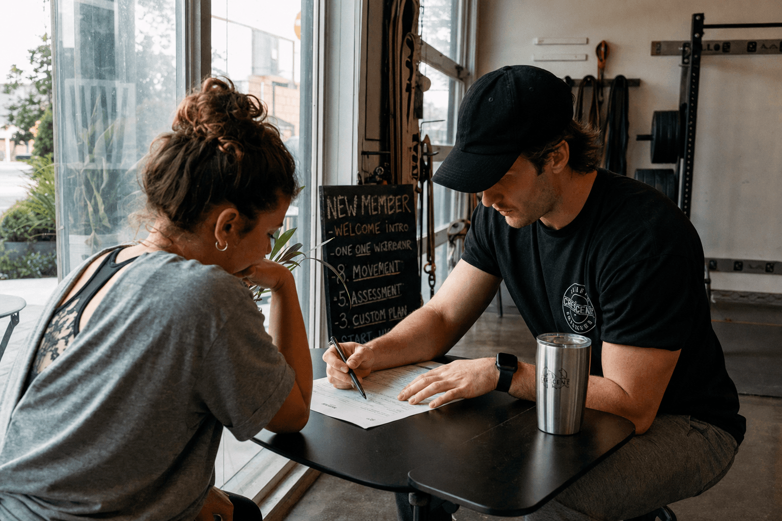 A trainer and a new client going through a screening form together at a gym table