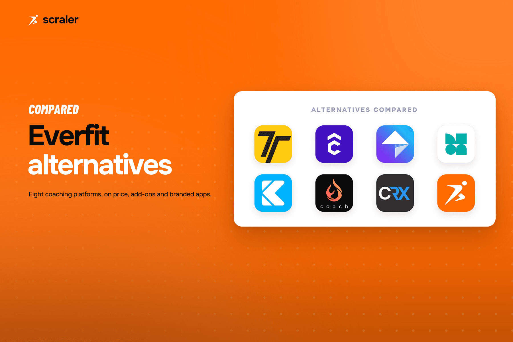 The app icons of seven Everfit alternatives compared in this guide: Trainerize, TrueCoach, My PT Hub, Kahunas, PT Distinction, FitBudd and Scraler