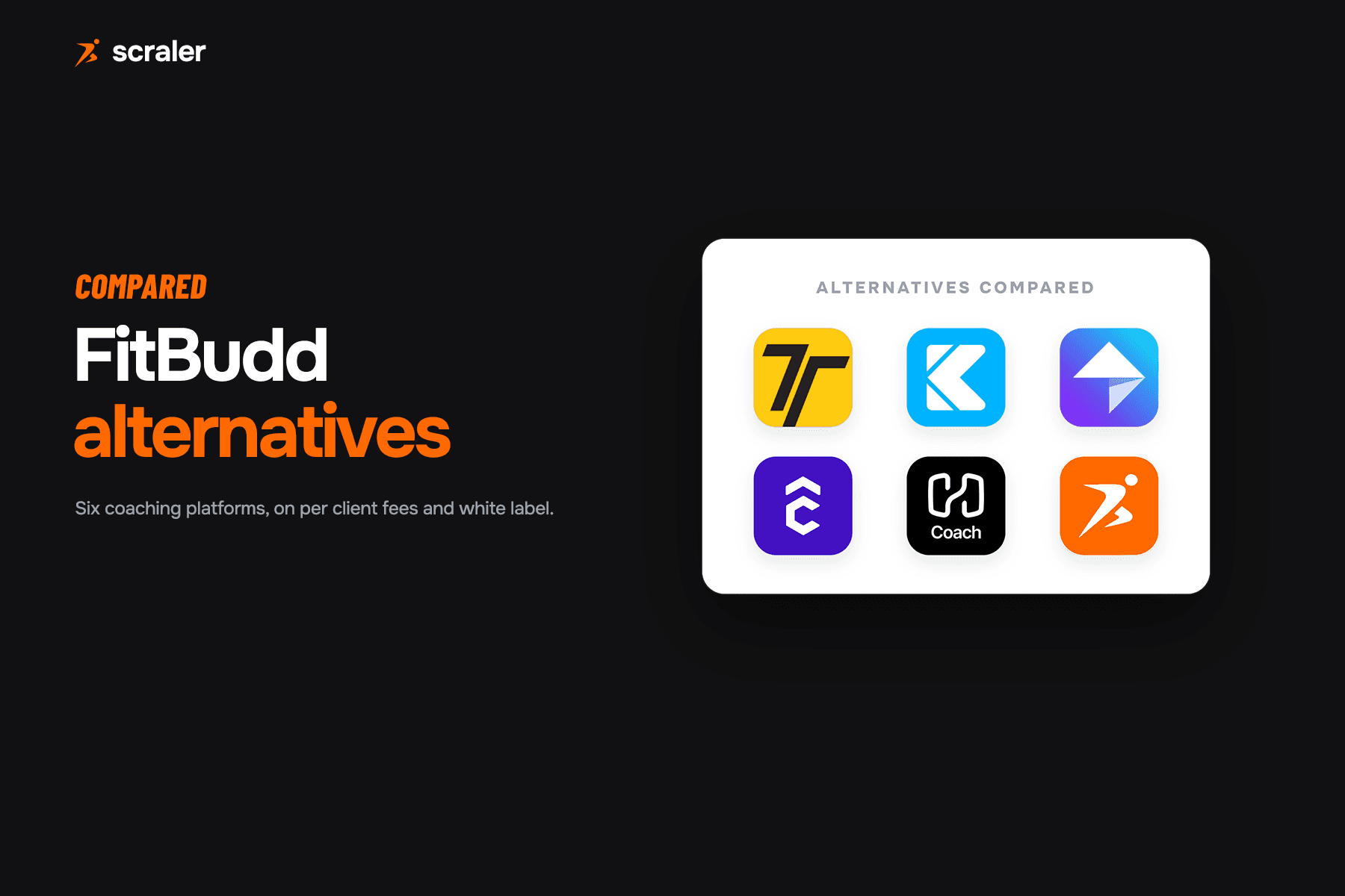 App icons for Trainerize, Kahunas, My PT Hub, TrueCoach, Hevy Coach and Scraler, compared as alternatives to FitBudd