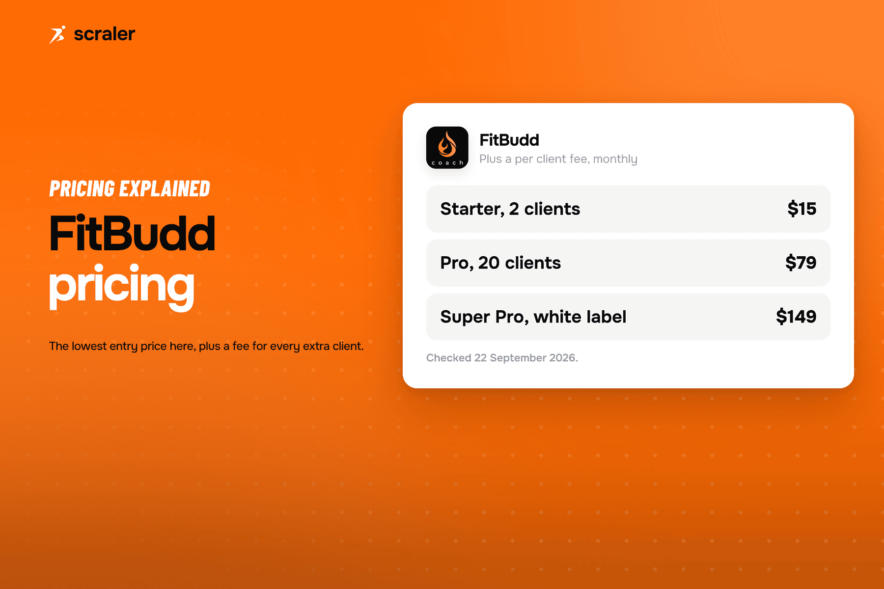 FitBudd pricing tiers with their per-client extra rates, from the entry plan up to Elite