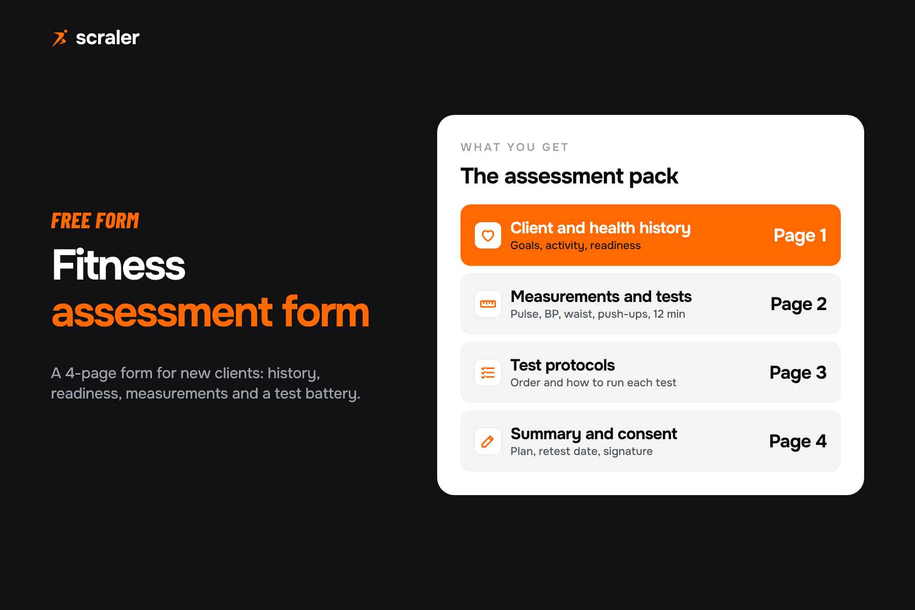 Free fitness assessment form for new clients with client and health history, measurements and tests, test protocols and a summary and consent page