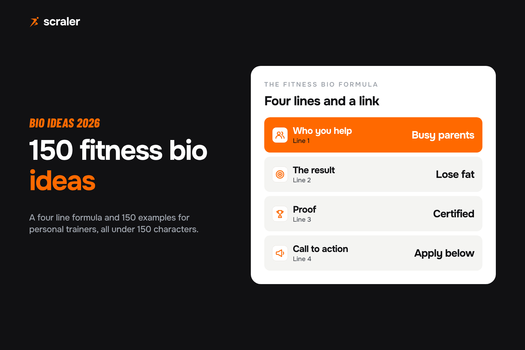 Fitness bio formula for Instagram: who you help, the result, proof and a call to action, with 150 bio ideas by niche
