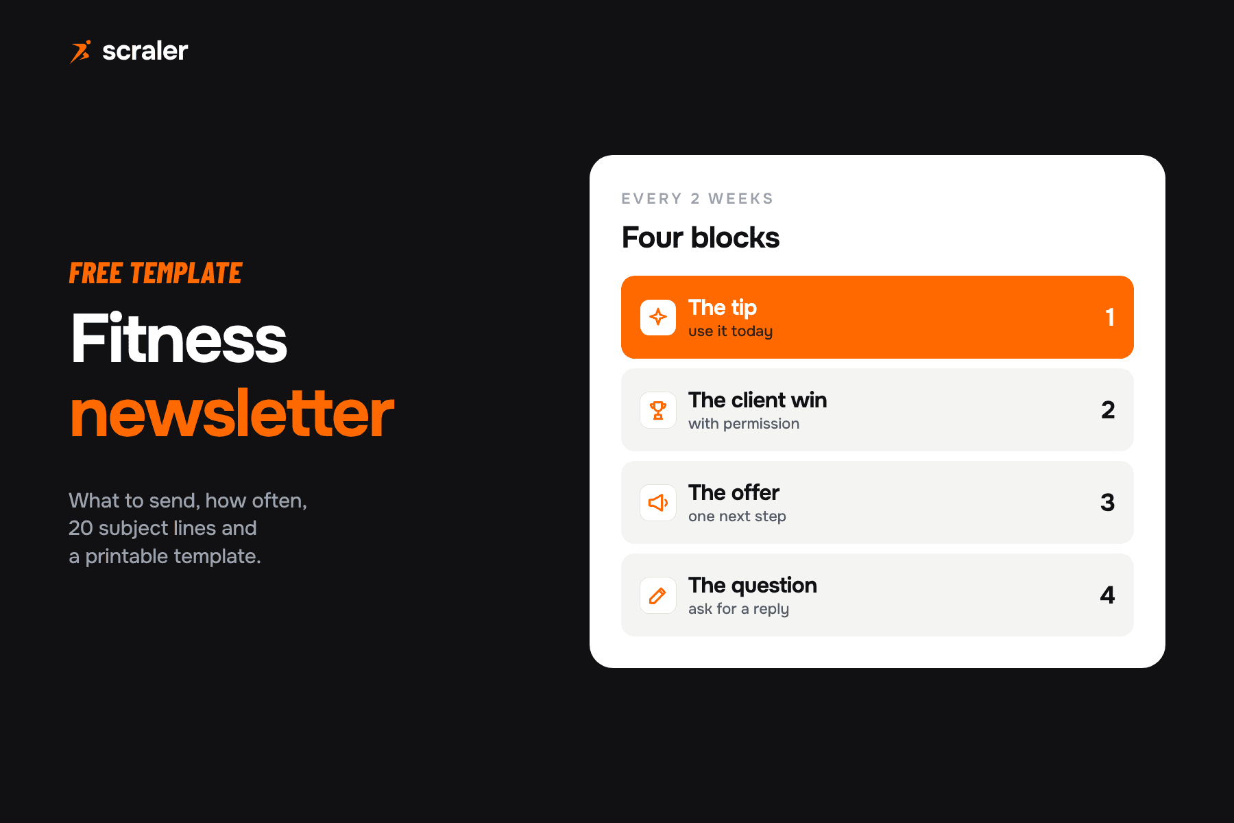 Fitness newsletter template with four blocks: the tip, the client win, the offer and the question, plus 20 subject lines to adapt