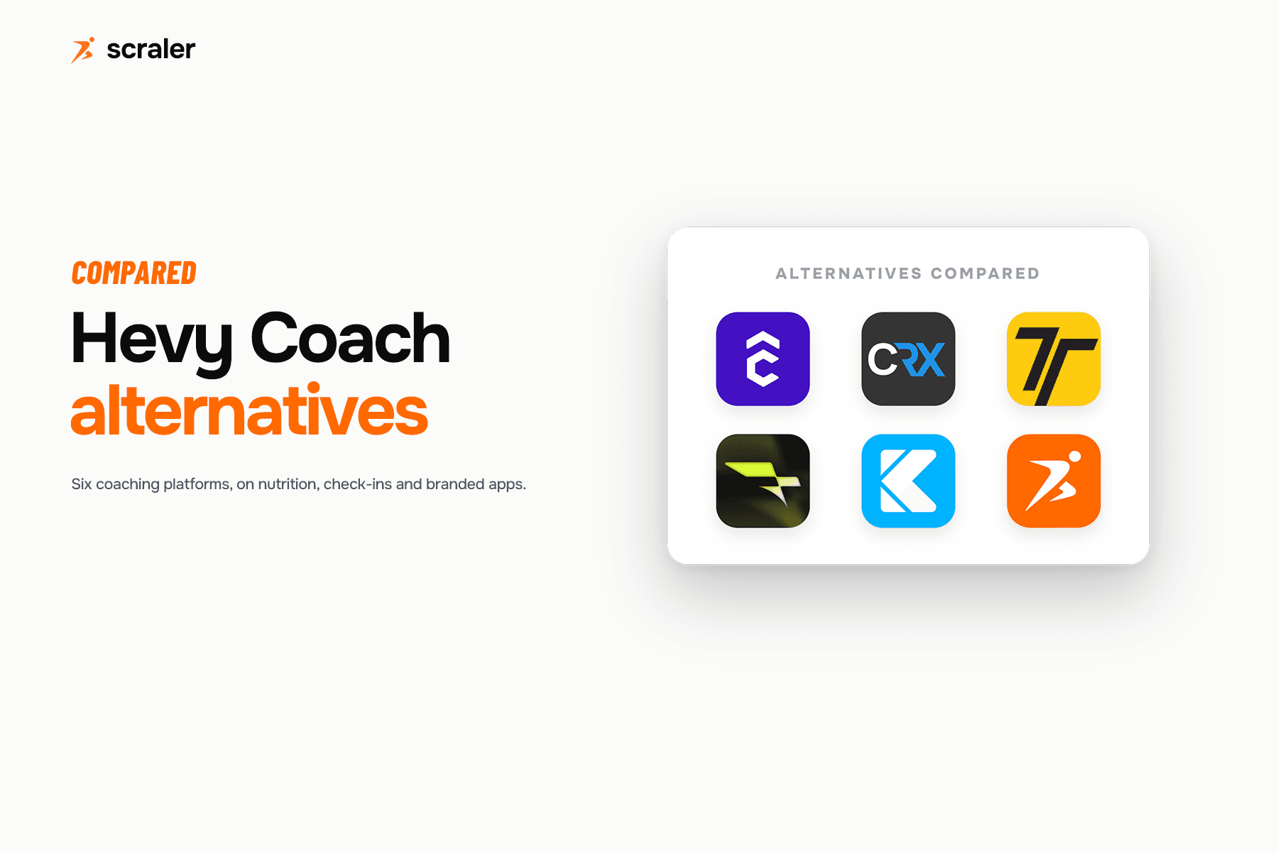 App icons for TrueCoach, CoachRx, Trainerize, Everfit, Kahunas and Scraler, compared as alternatives to Hevy Coach