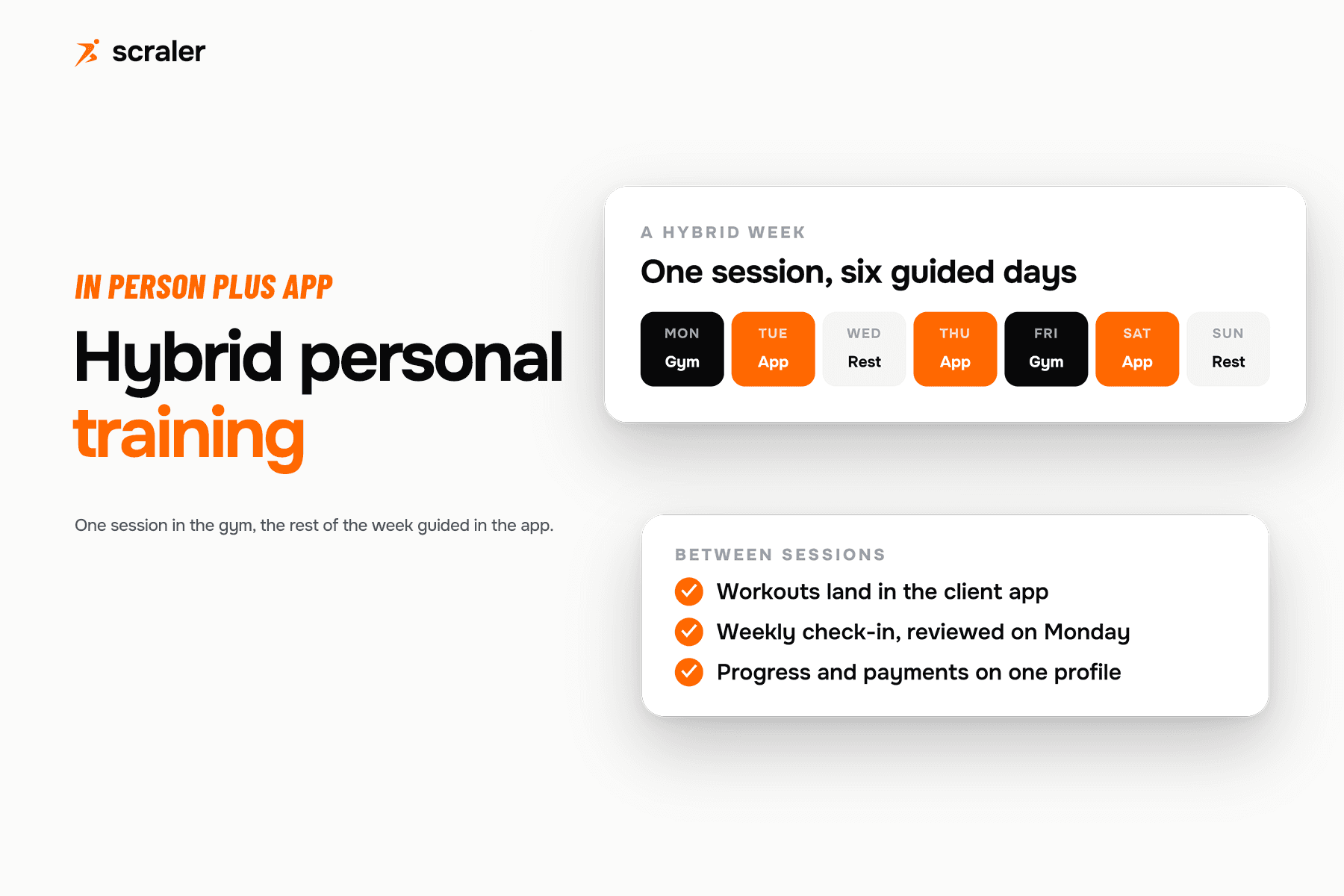 A hybrid training week: Monday and Friday in the gym, Tuesday, Thursday and Saturday guided in the app, Wednesday and Sunday rest, with workouts, a weekly check-in and payments on one client profile