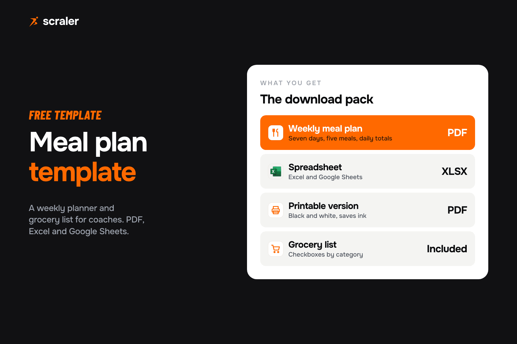 Free meal plan template download pack: weekly meal plan PDF, Excel and Google Sheets file, printable version and grocery list