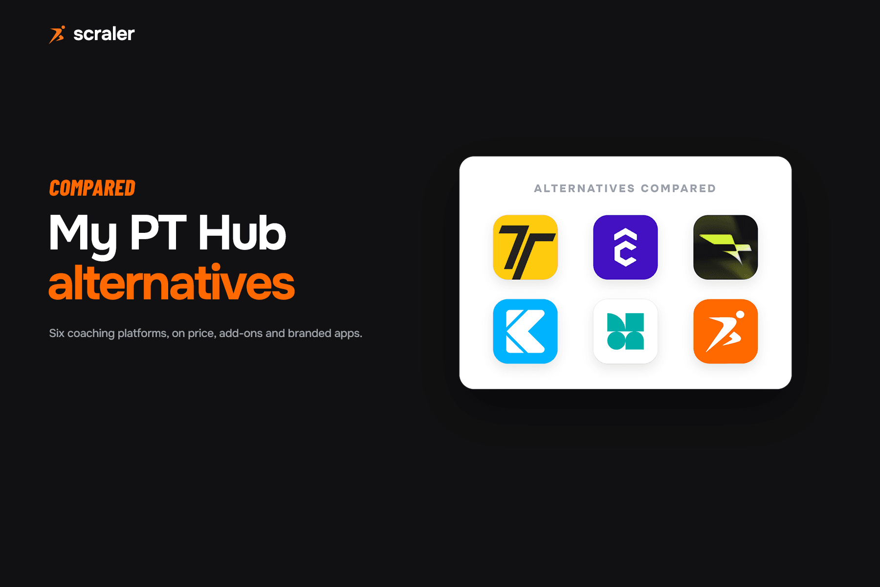 App icons for Trainerize, TrueCoach, Everfit, Kahunas, PT Distinction and Scraler, compared as alternatives to My PT Hub