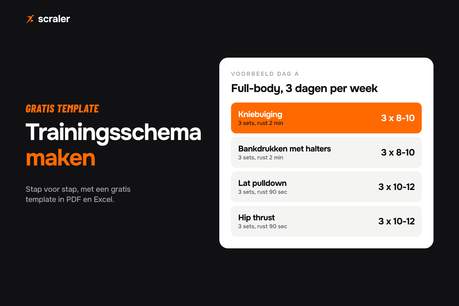 Trainingsschema maken: voorbeeld dag A met kniebuiging, bankdrukken met halters, lat pulldown en hip thrust voor een full-body schema van 3 dagen per week