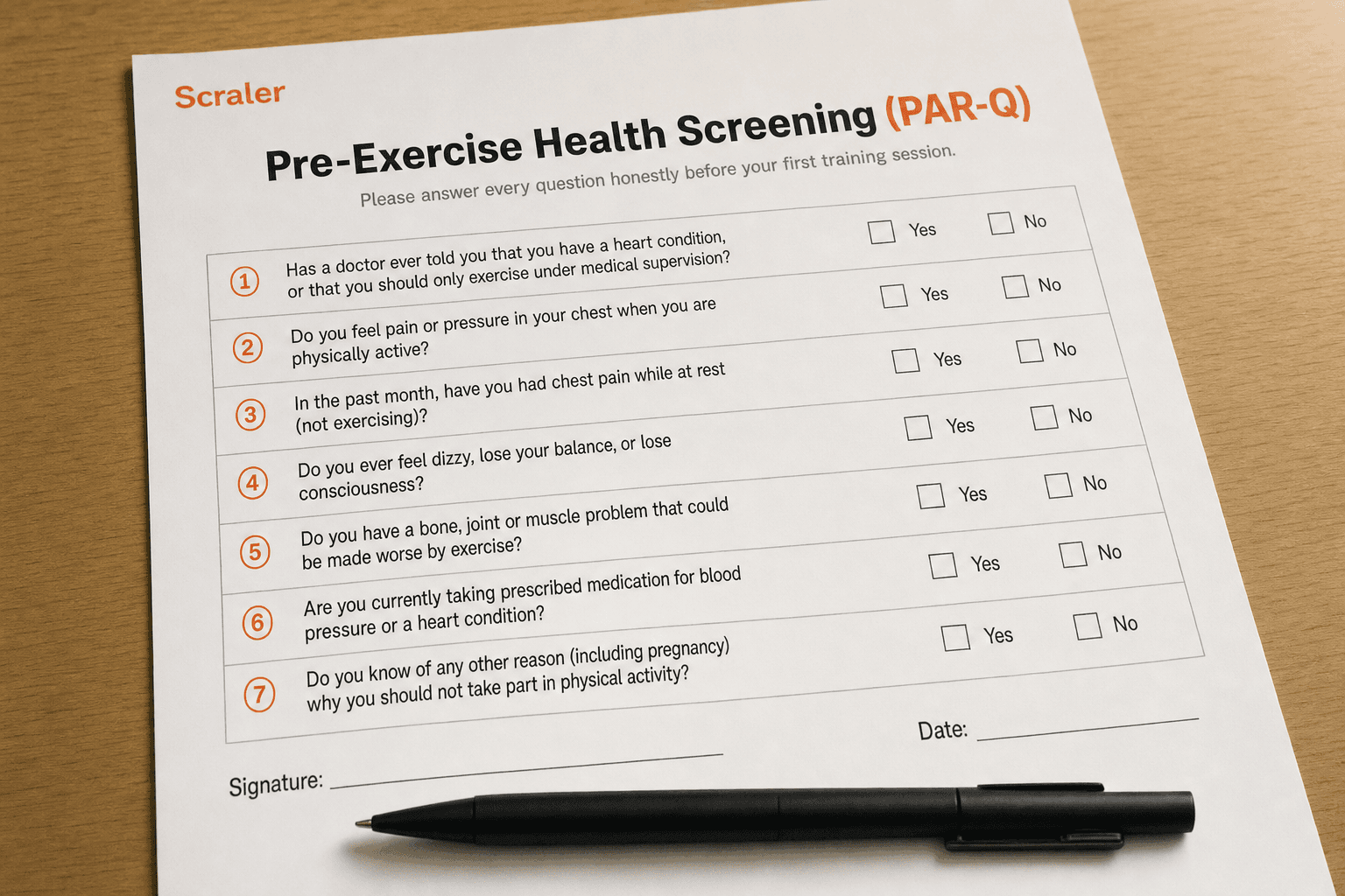 The printed Scraler Pre-Exercise Health Screening (PAR-Q) template on a desk with a pen