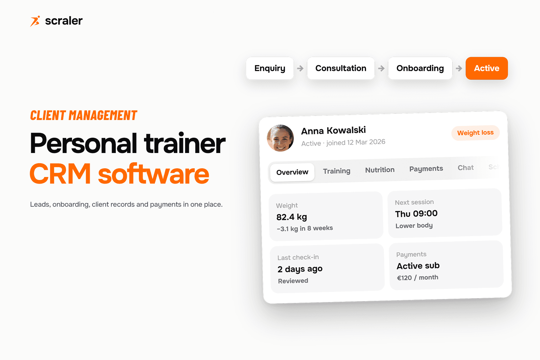 A personal trainer CRM: a client pipeline from enquiry to active, a client profile with weight, check-ins and payments, and an onboarding intake form