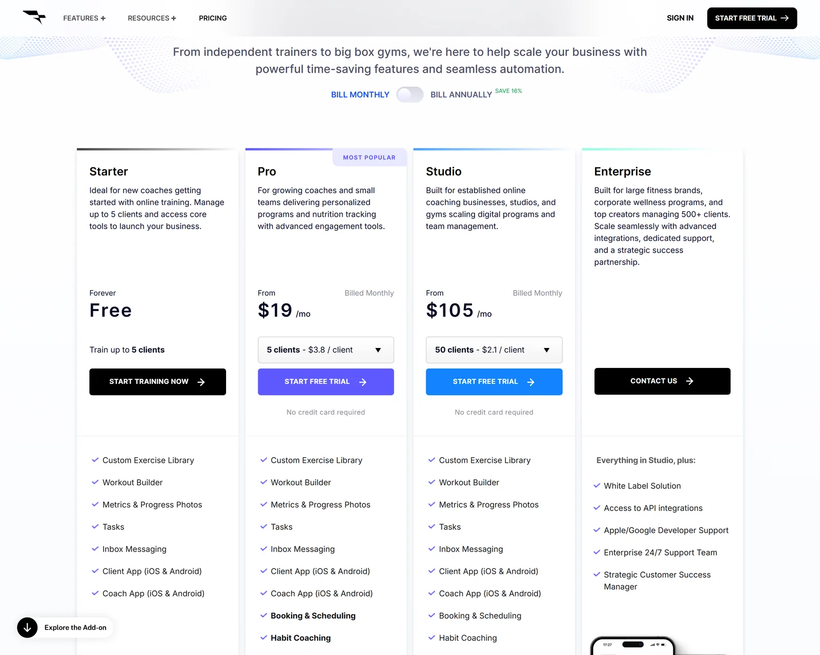 Everfit plans on monthly billing: a free Starter plan for 5 clients and Pro from $19 a month