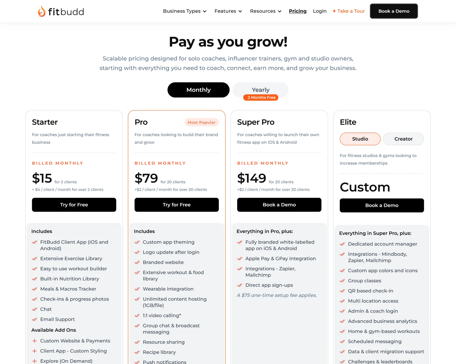 FitBudd plans on monthly billing, showing the base price and per-client rate above each plan's included client count