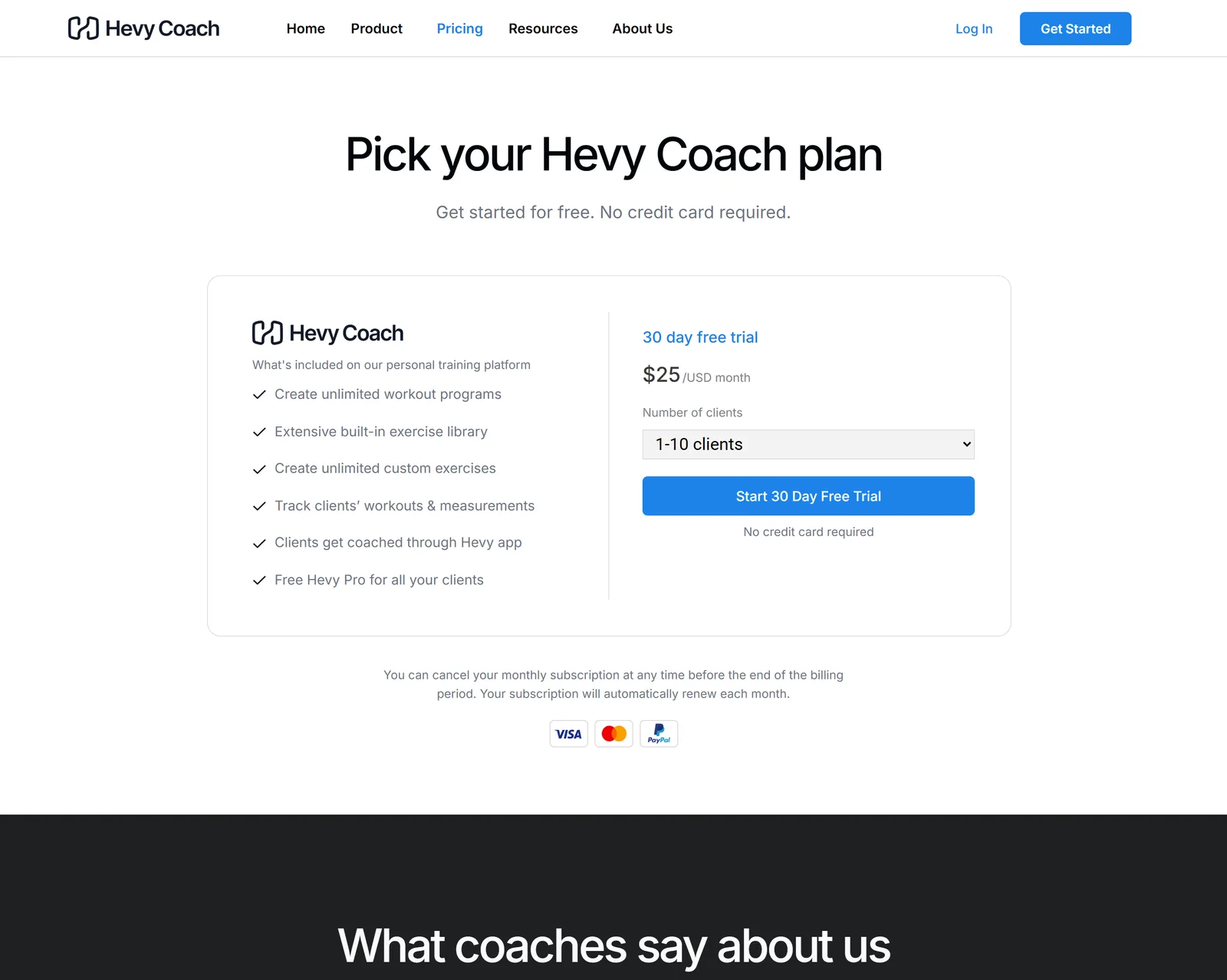 Hevy Coach's nine client-band prices, from $25 a month for 10 clients to $700 for 1,000