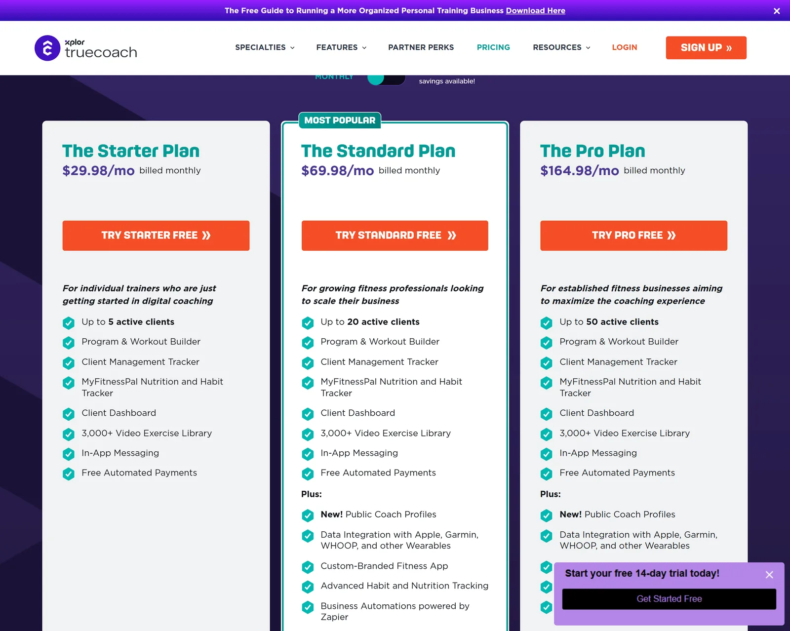 TrueCoach's three monthly plans: Starter at $29.98 for 5 clients, Standard at $69.98 for 20, Pro at $164.98 for 50