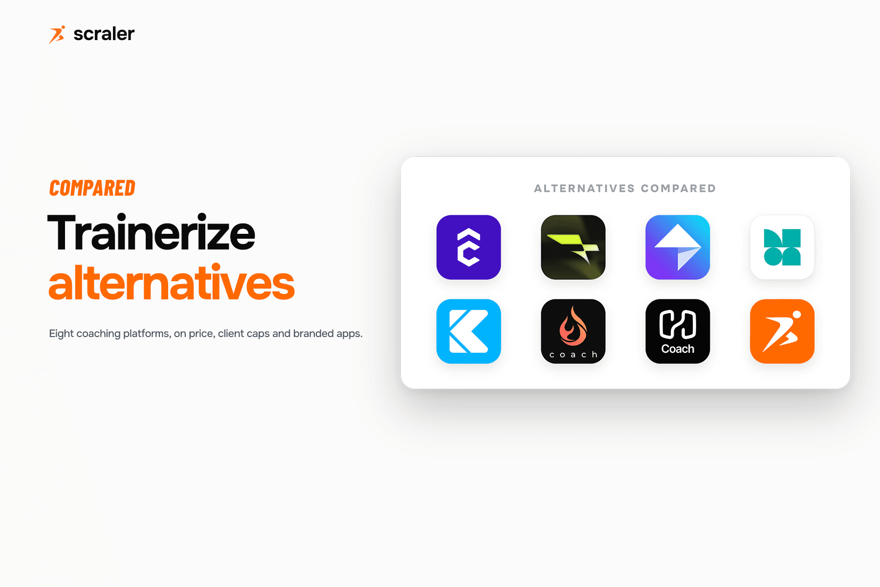 App icons for Everfit, TrueCoach, My PT Hub, Kahunas, FitBudd and Scraler, compared as alternatives to Trainerize