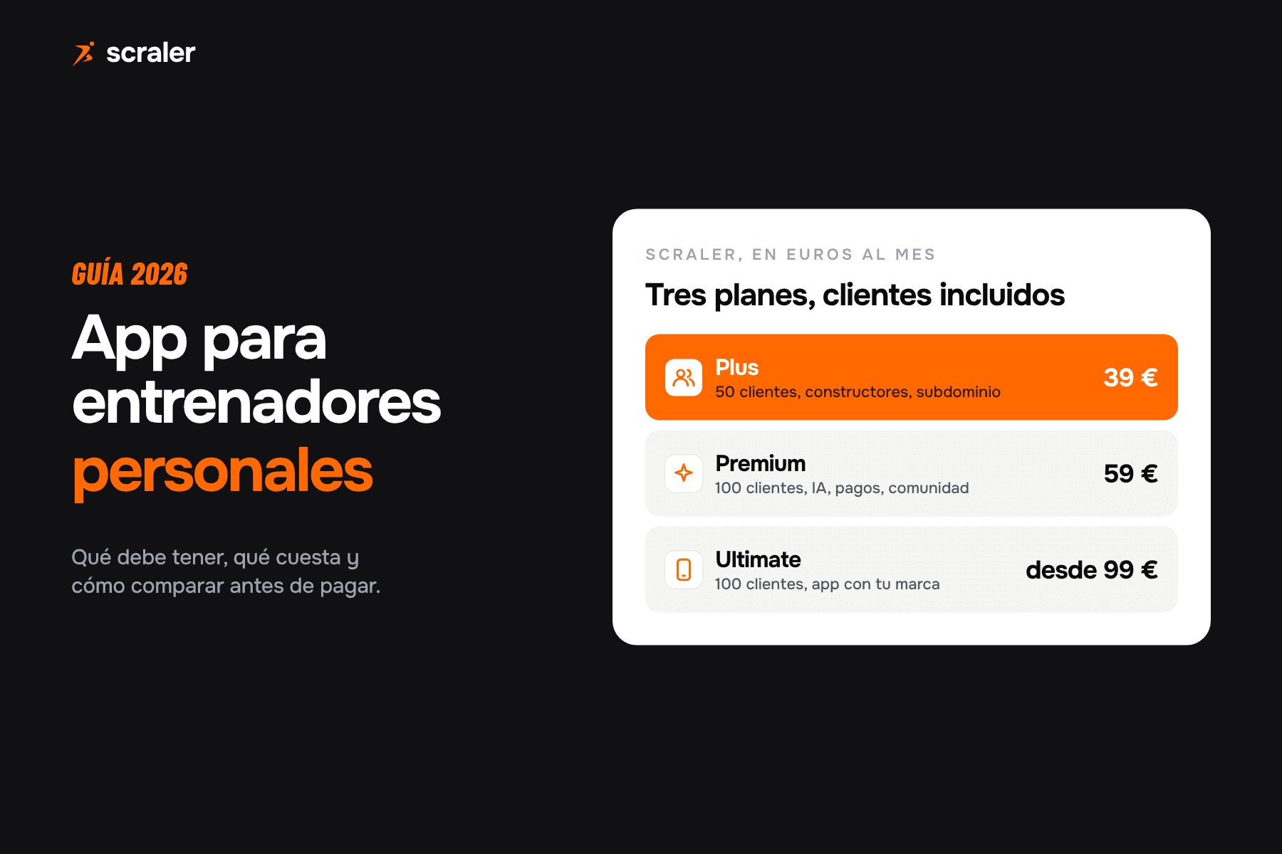 App para entrenadores personales: Scraler Plus 39 euros al mes con 50 clientes, Premium 59 euros con 100 clientes y Ultimate desde 99 euros con app con tu marca