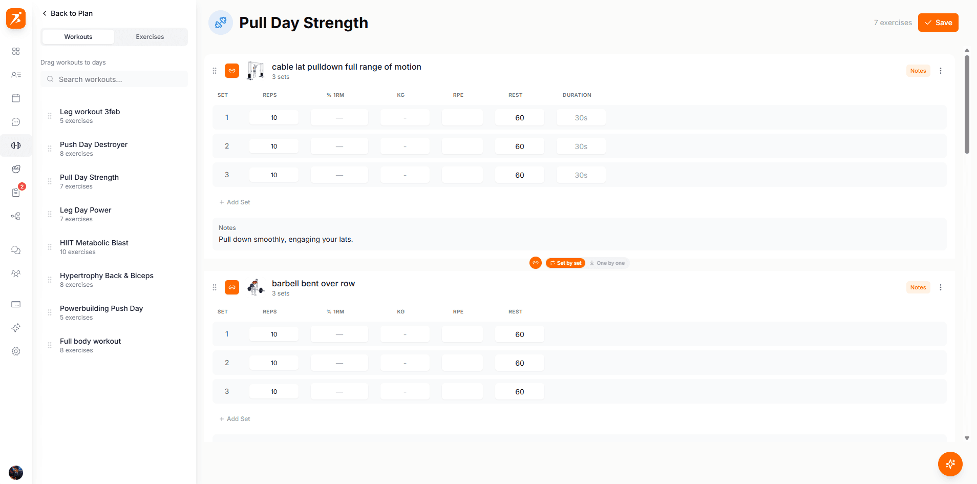 Workout builder showing two exercises linked into a superset with a shared rounds toggle