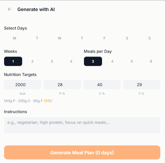 The Generate with AI dialog: pick days, weeks, and meals per day, set calorie and macro targets, and add instructions like vegetarian or quick meals