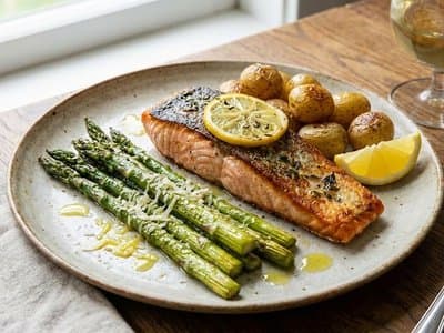 A meal-prepped plate of salmon with asparagus and potatoes