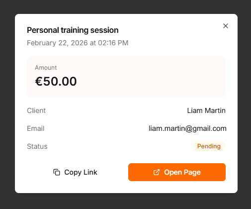 Closeup of a payment request titled Personal training session for €50.00, showing the client's name and email, a Pending status, and buttons to copy the link or open the payment page
