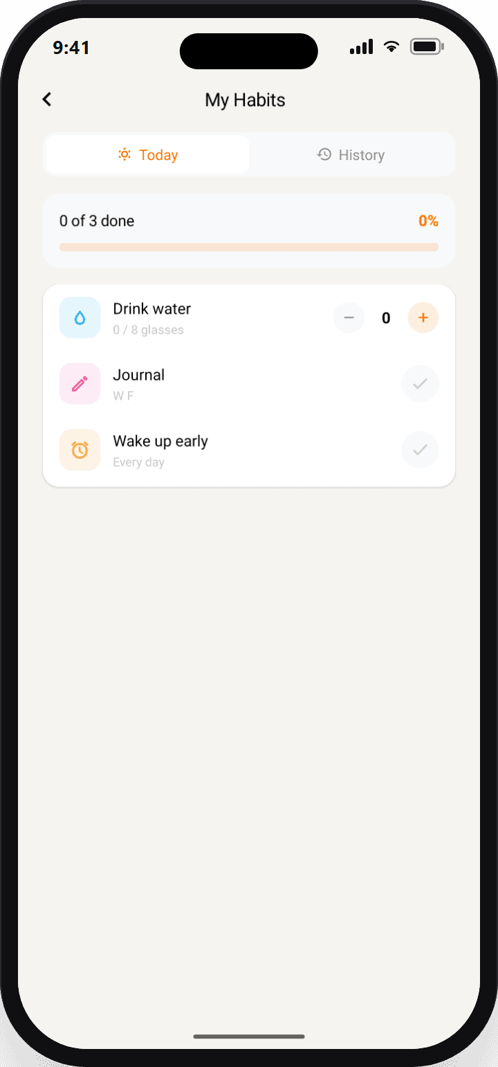 A client’s daily habit list — water, journal and wake-up time — in the Scraler mobile app