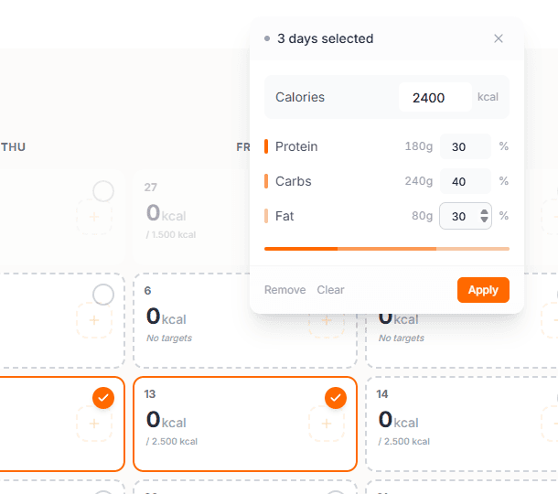 Closeup of the nutrition-target panel: three selected days on a client's calendar getting 2,400 calories with protein, carbs, and fat set in both grams and percentages