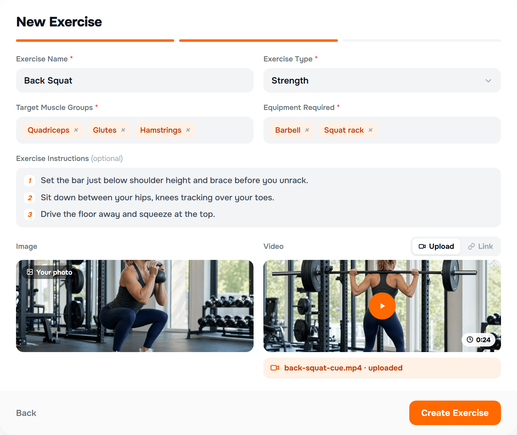 Building a new Back Squat exercise in Scraler, with your own photo and demo video