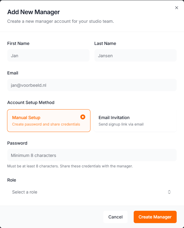 The Add New Manager dialog with name and email fields, a choice between manual setup and email invitation, and a role selector