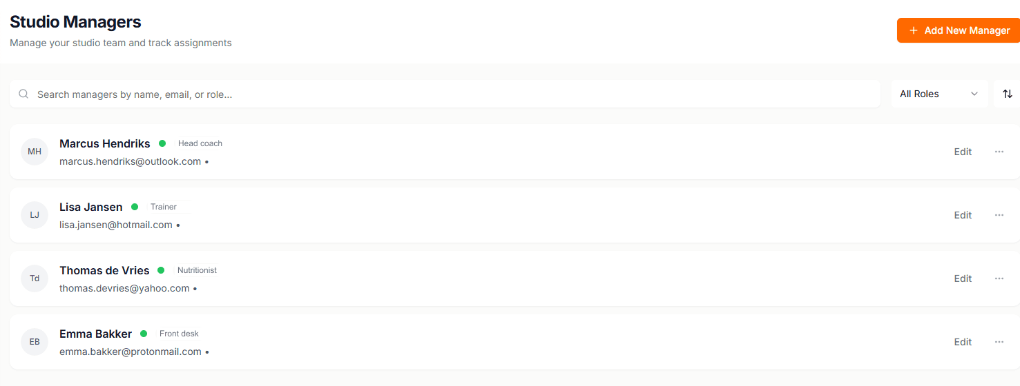 The Studio Managers screen listing four team members with their roles and emails, each with an active status dot and an edit action