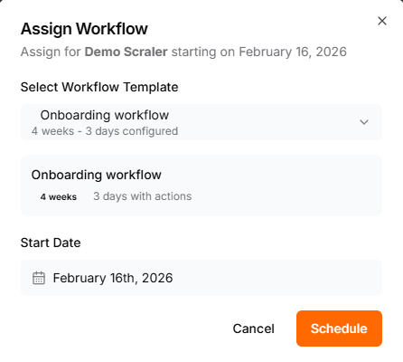 The Assign Workflow dialog with the Onboarding workflow template selected, a start date of February 16th, and a Schedule button