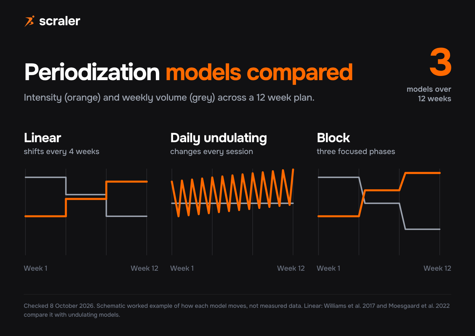 Periodization models over 12 weeks: linear shifts every 4 weeks, daily undulating changes every session, block uses three focused phases, drawn as intensity and volume lines