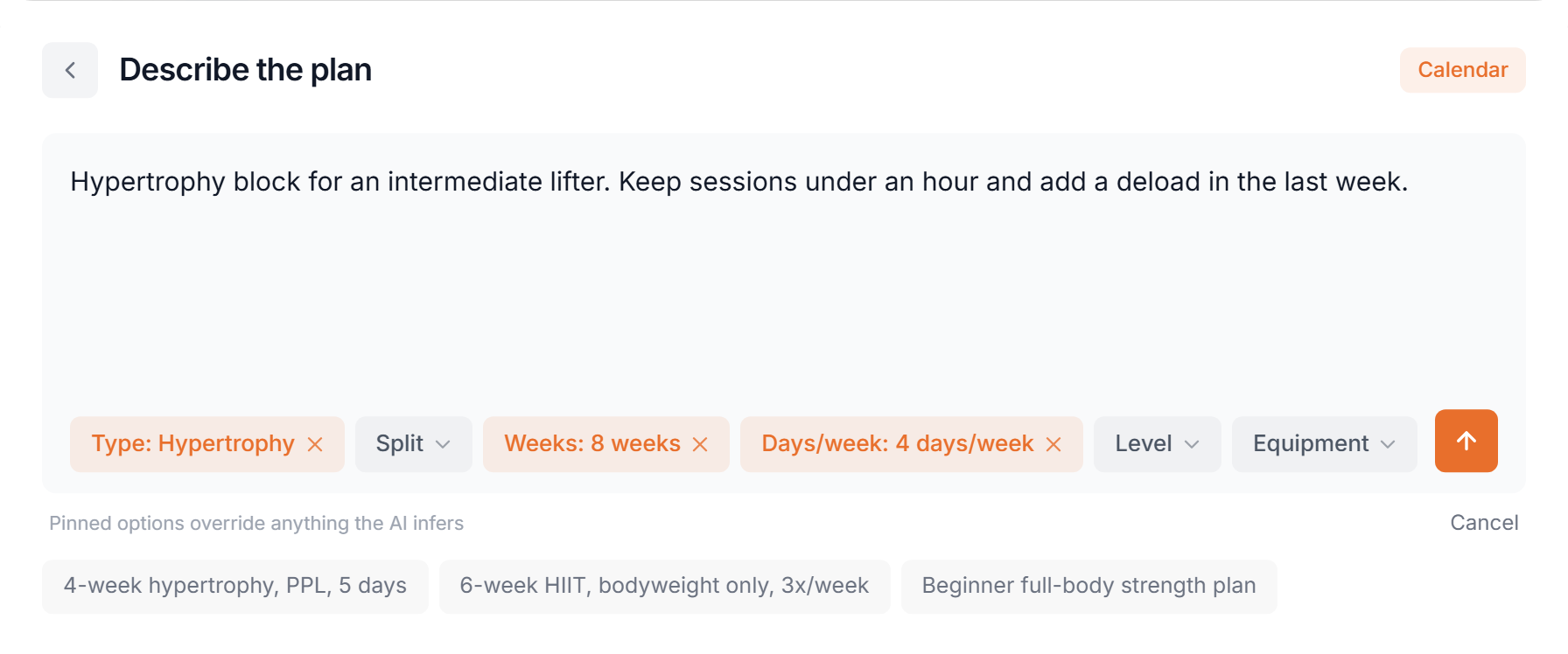 Describe the plan, with Type, Weeks and Days/week pinned