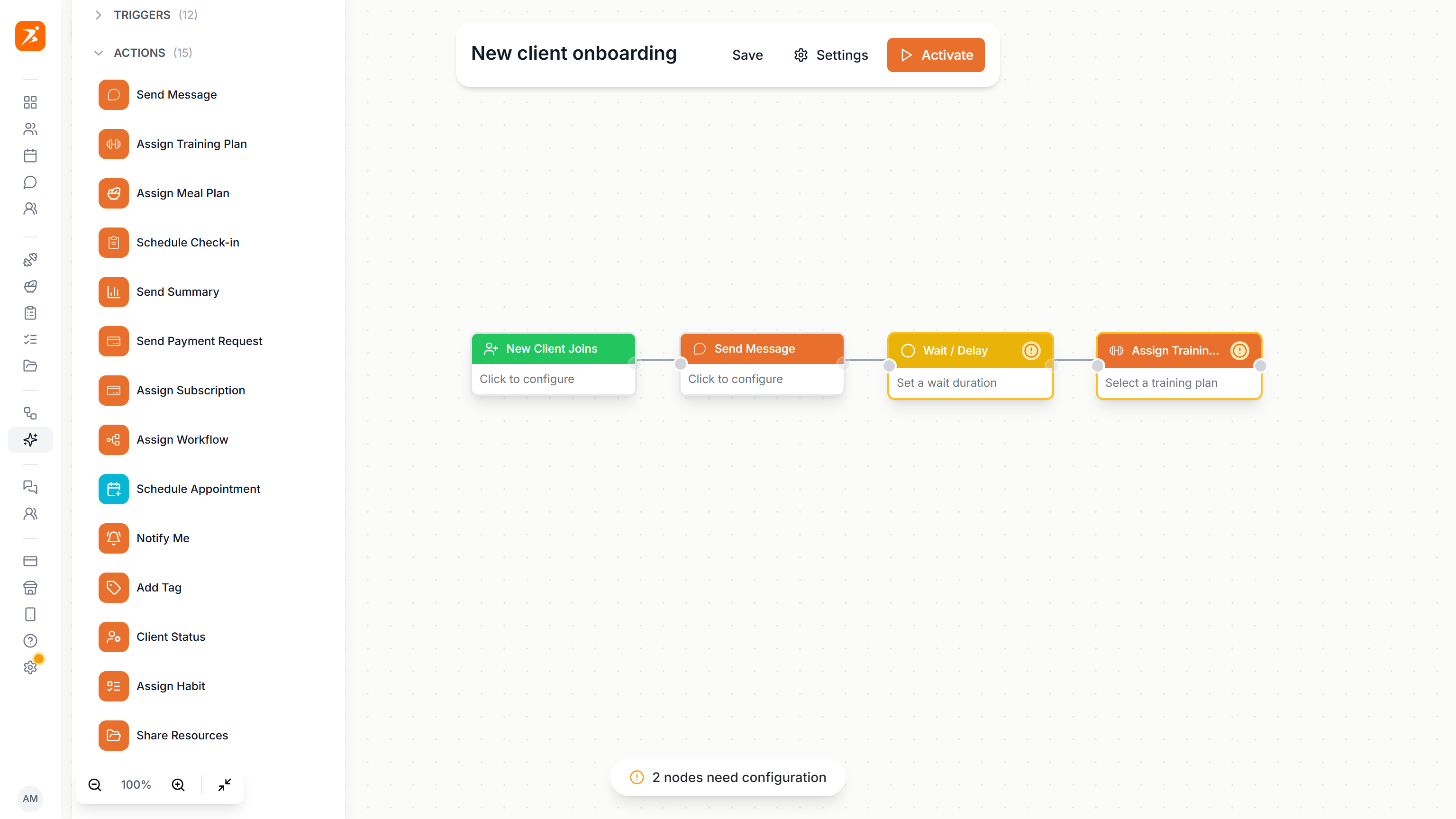 The automation canvas with a trigger, two actions and a wait