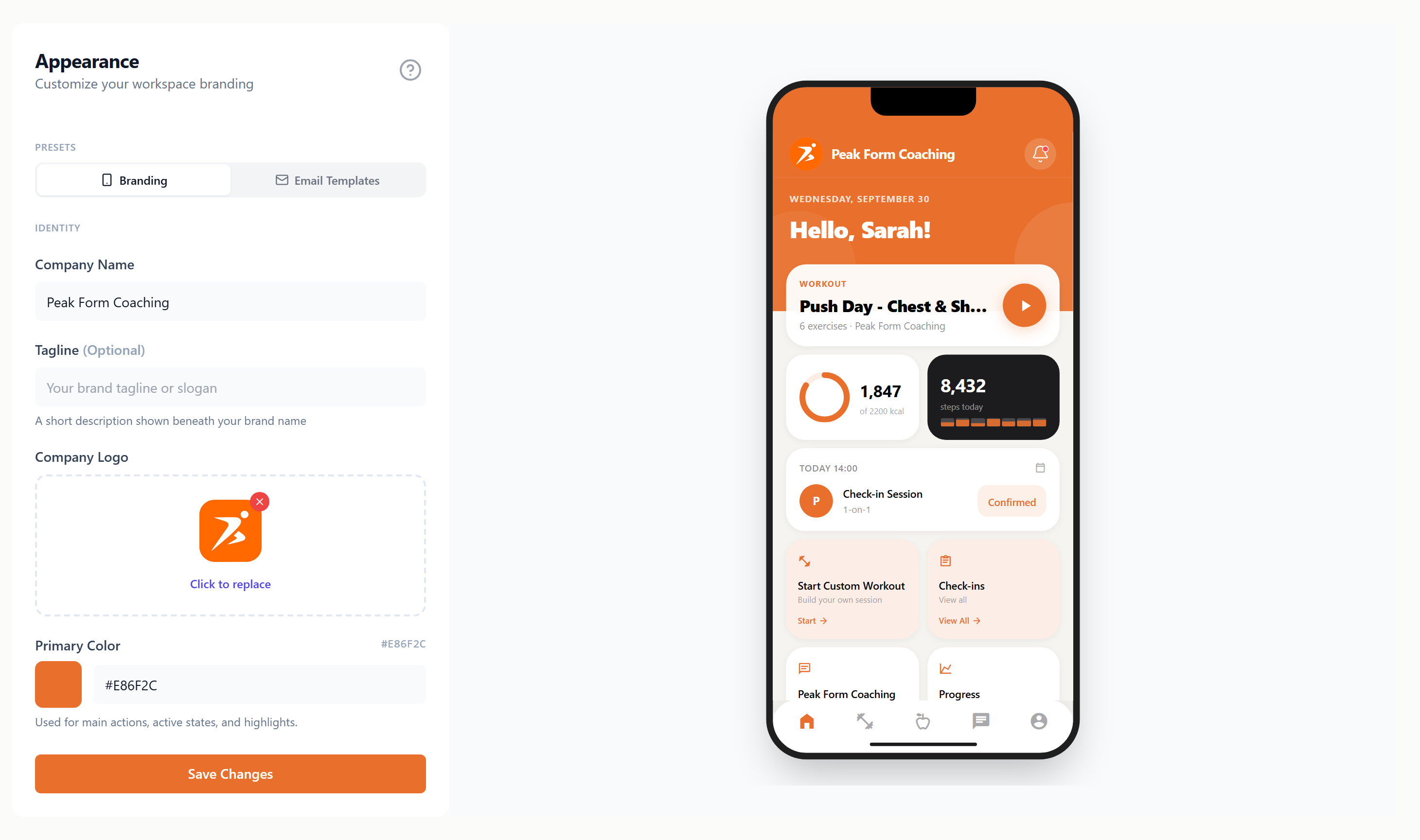 Appearance settings with the phone preview