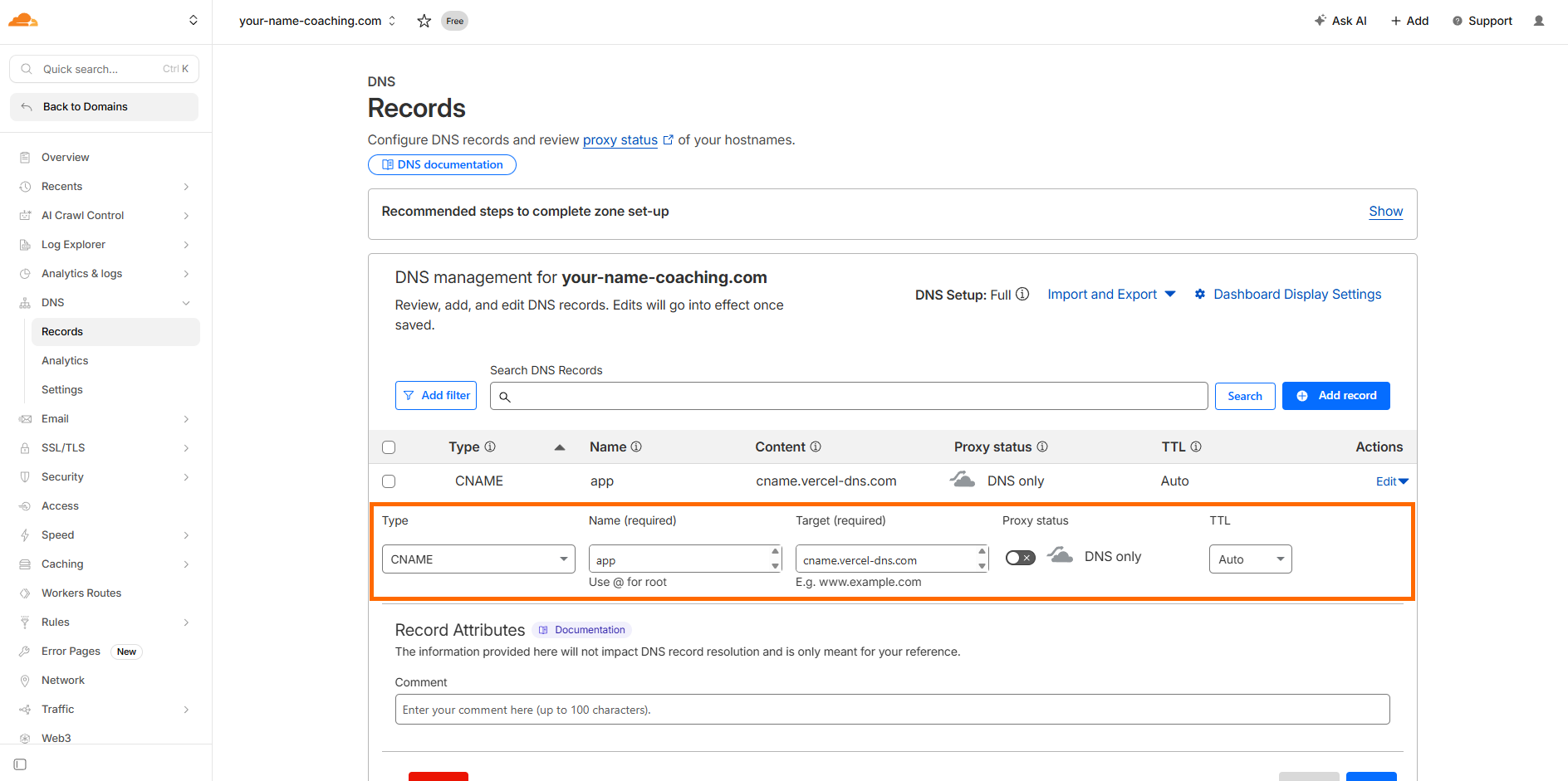 Adding CNAME record in DNS panel