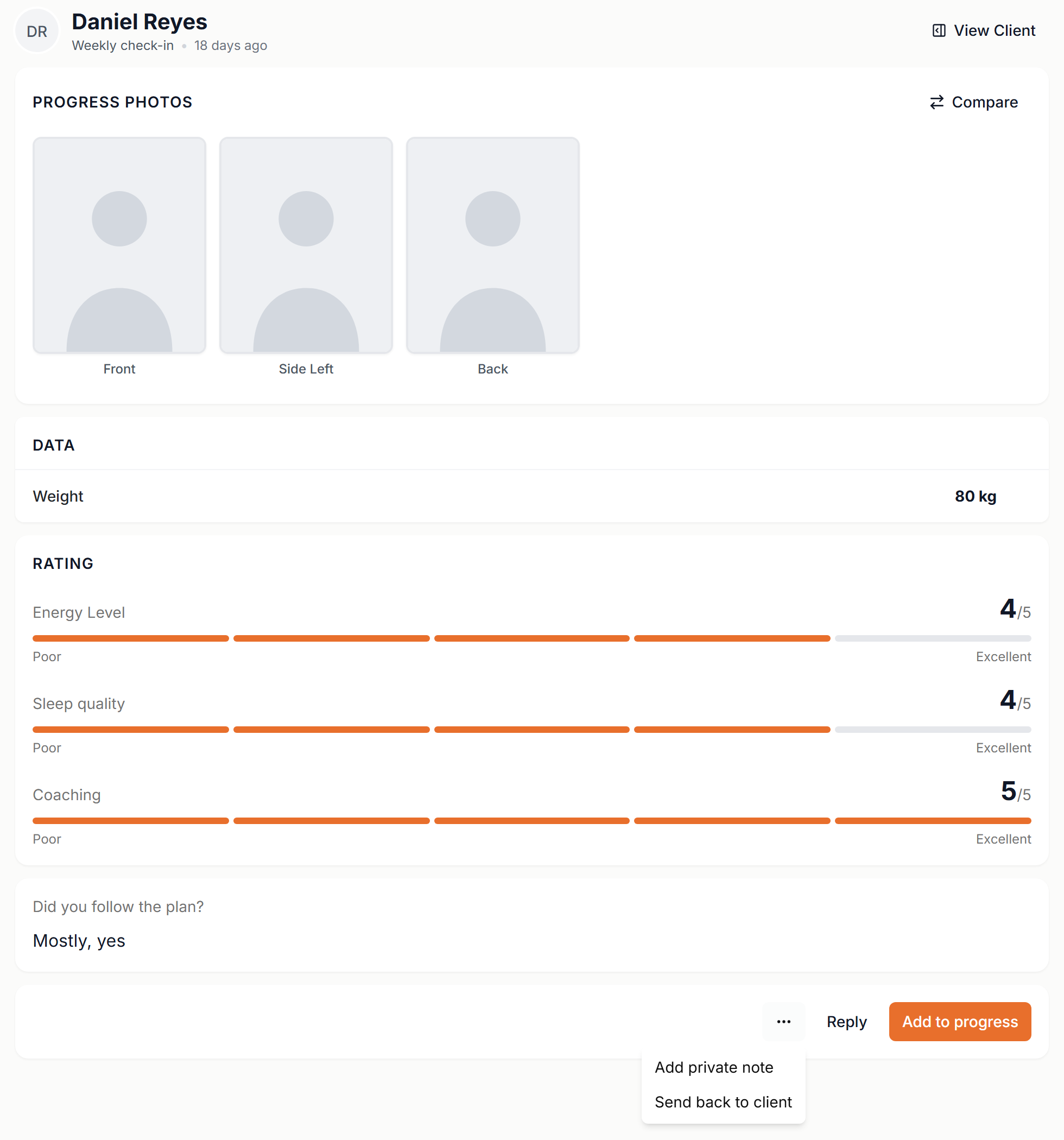 An open submission with photos, measurements, ratings, questions and the Reply and Add to progress buttons