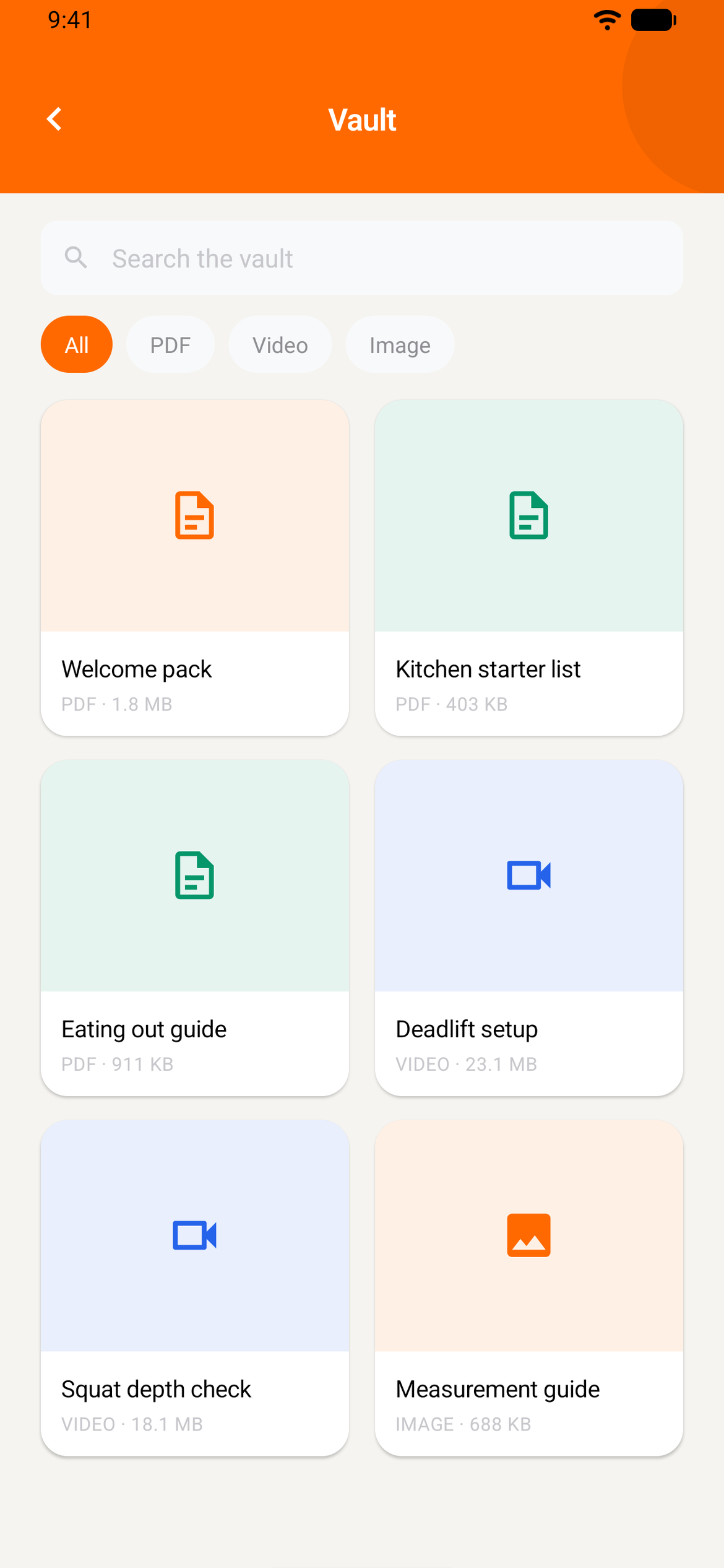 The Vault screen in the client app with search, type filters and shared files