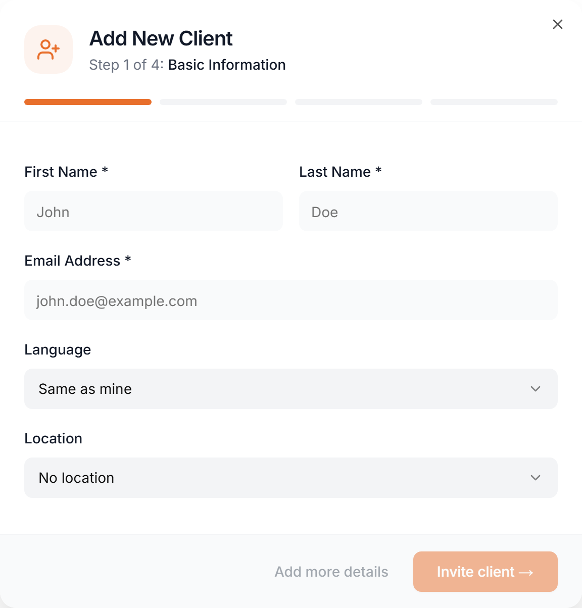 The Add New Client dialog, step 1 of 4