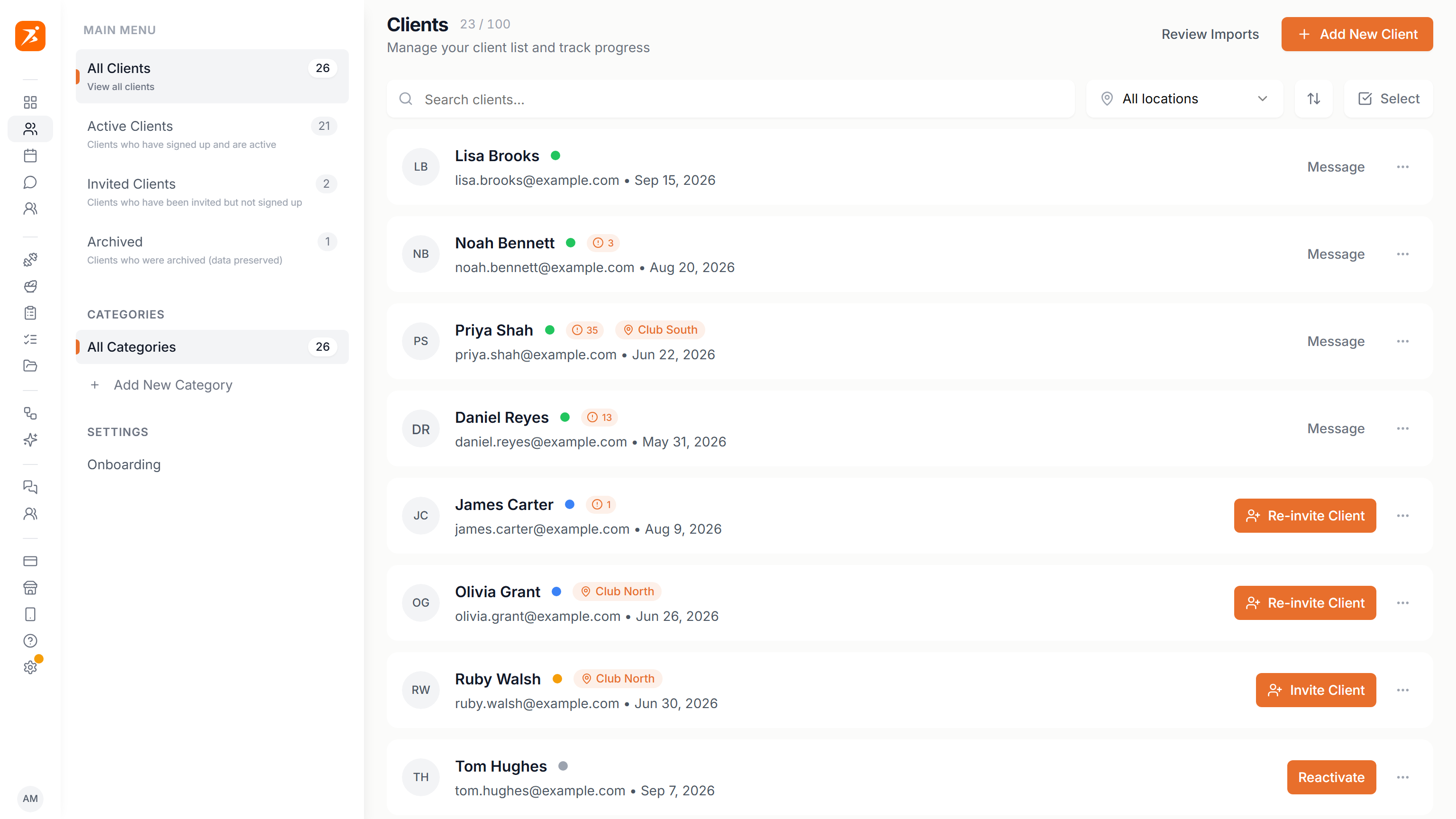 The Clients page with status filters on the left and the client list