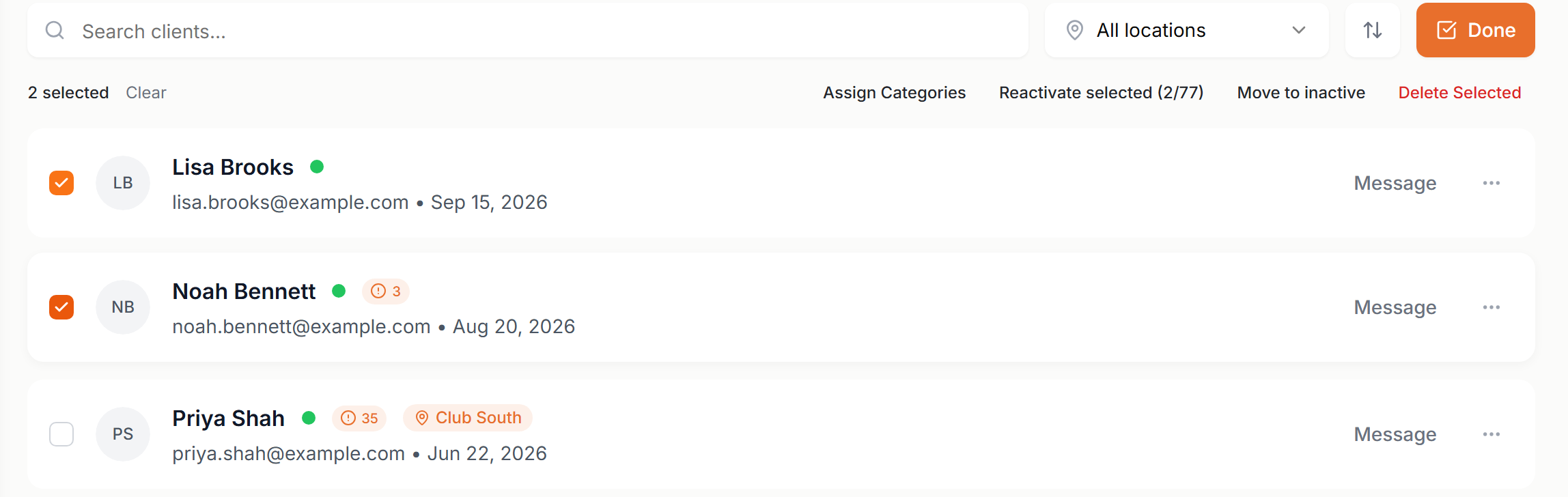 Select mode with two clients ticked and the bulk actions above the list