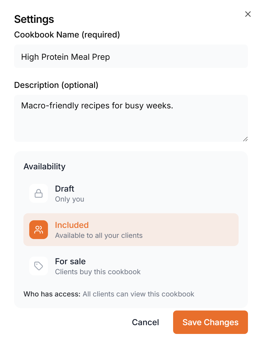 The cookbook Settings dialog with Availability