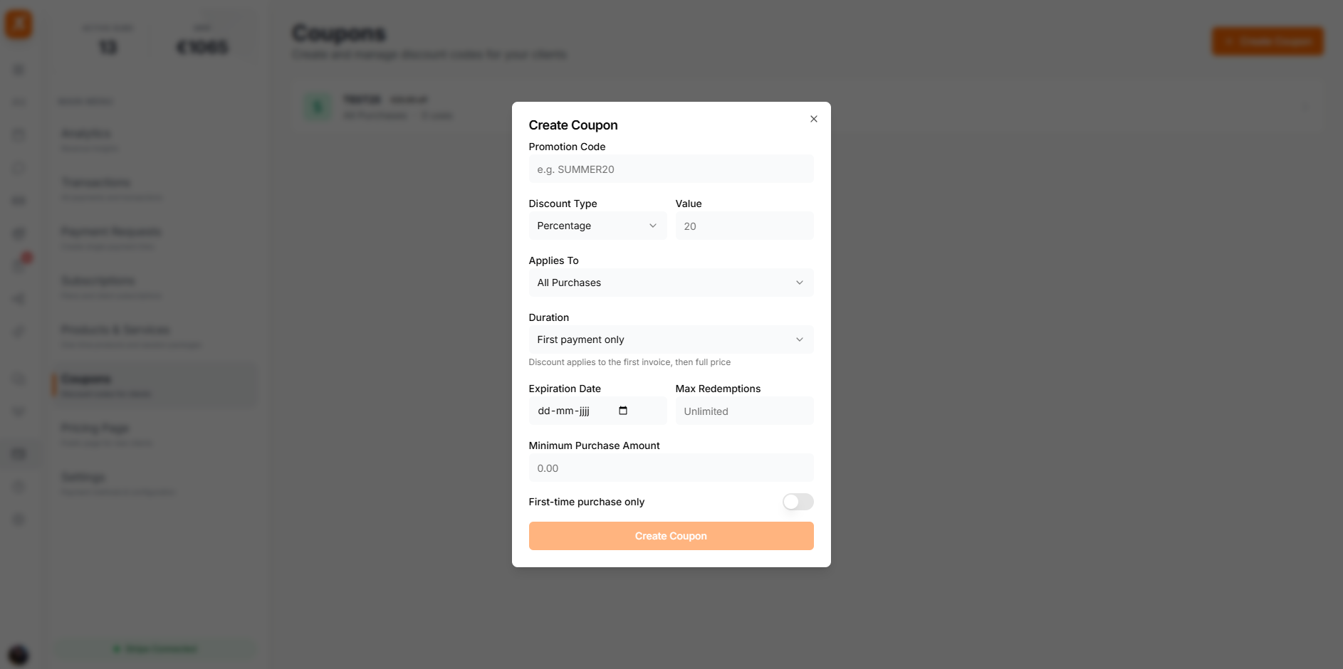 Create coupon form