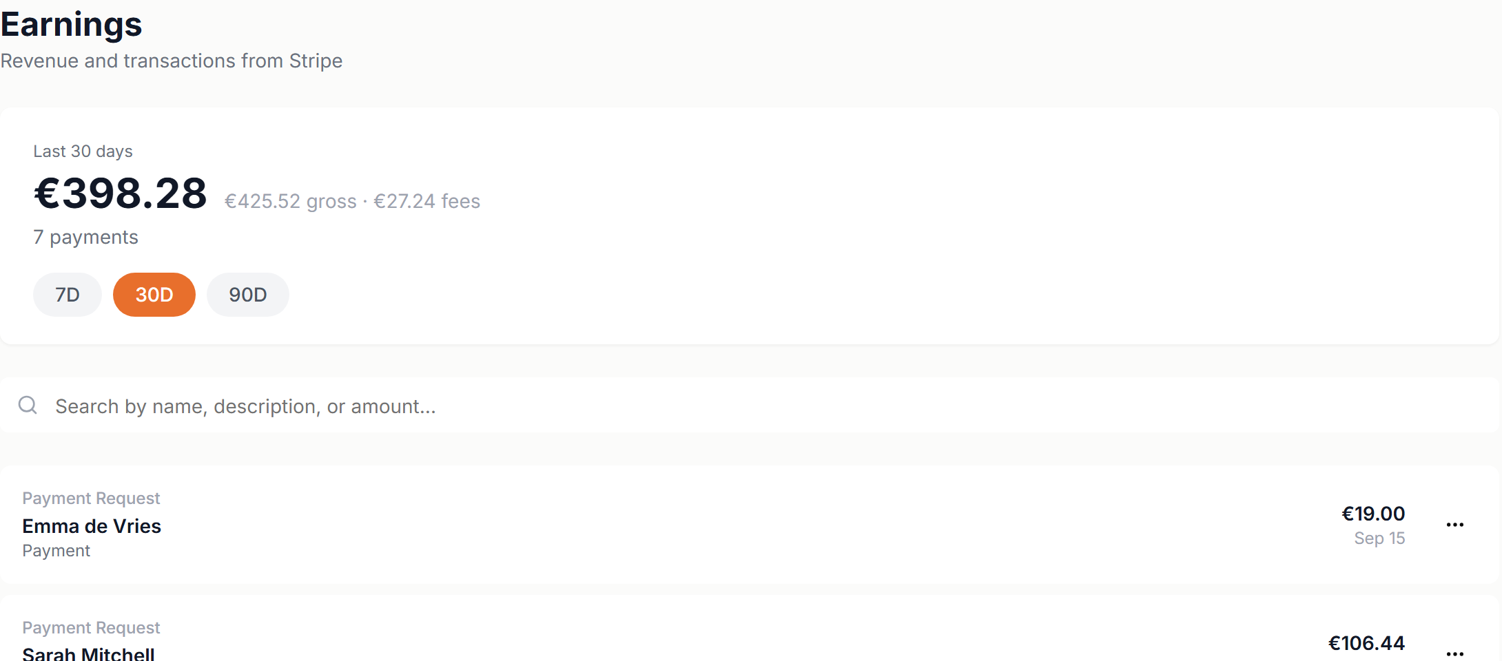 The Earnings page with a revenue card and payments