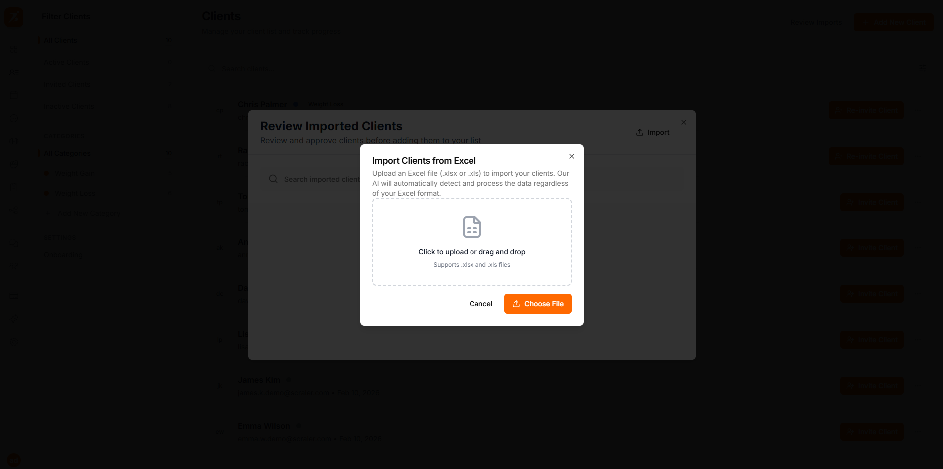Excel import dialog