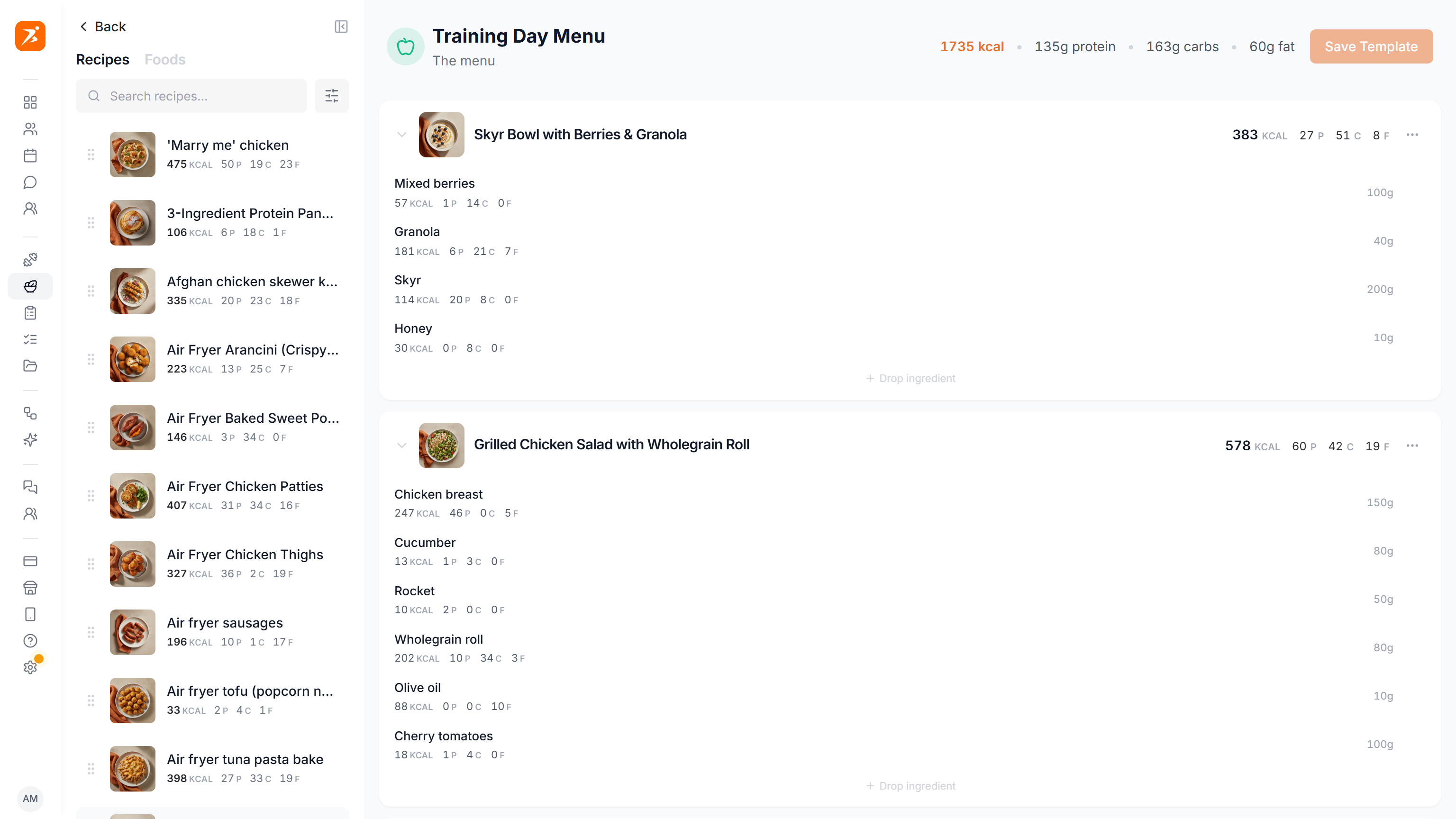 A fixed meal plan in the meal plan builder