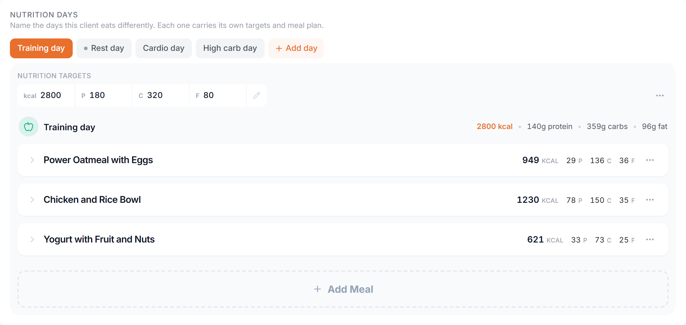 Nutrition days on a client profile with targets and a menu