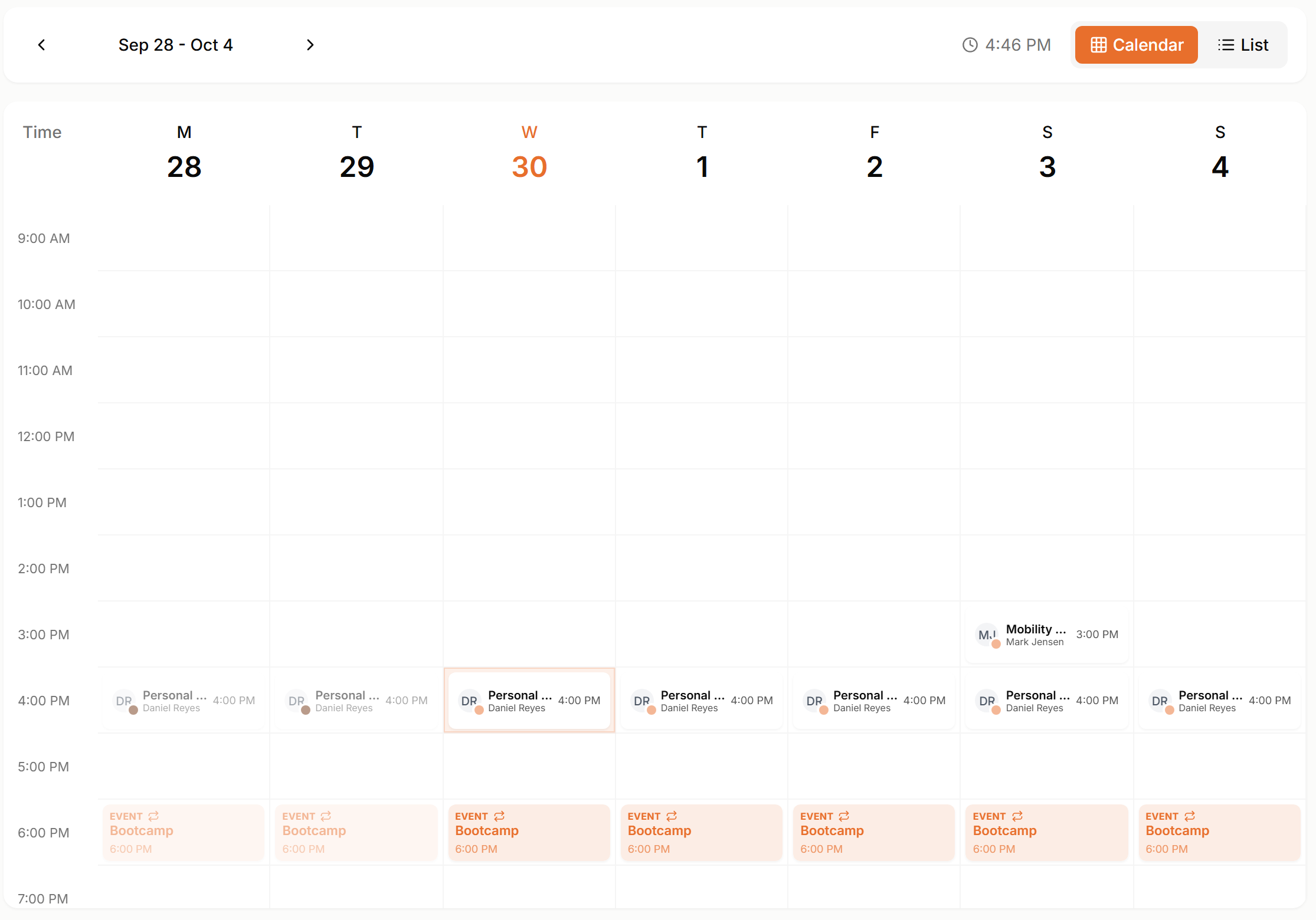 Weekly schedule with appointments and events