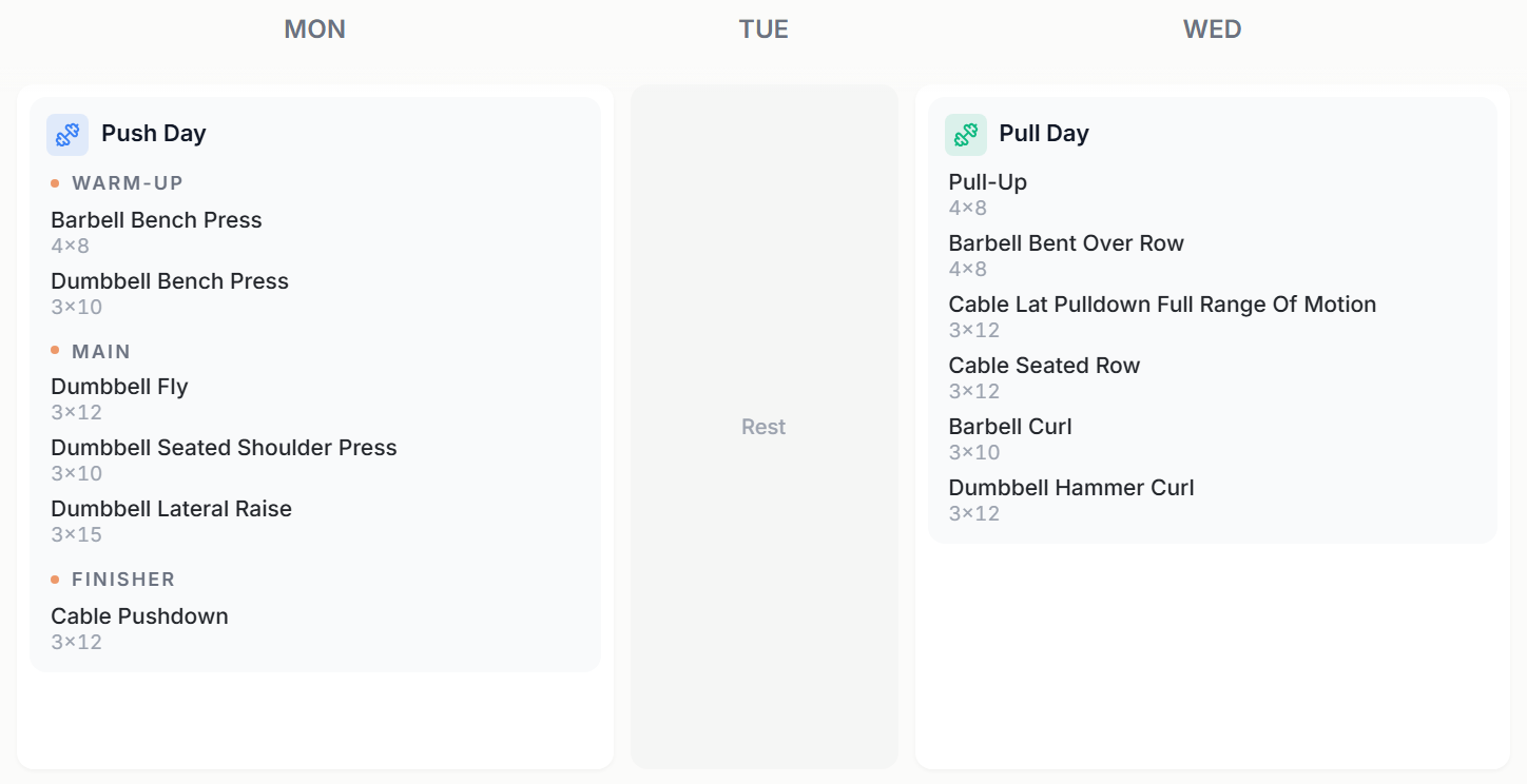 Plan days with Warm-up, Main and Finisher section labels