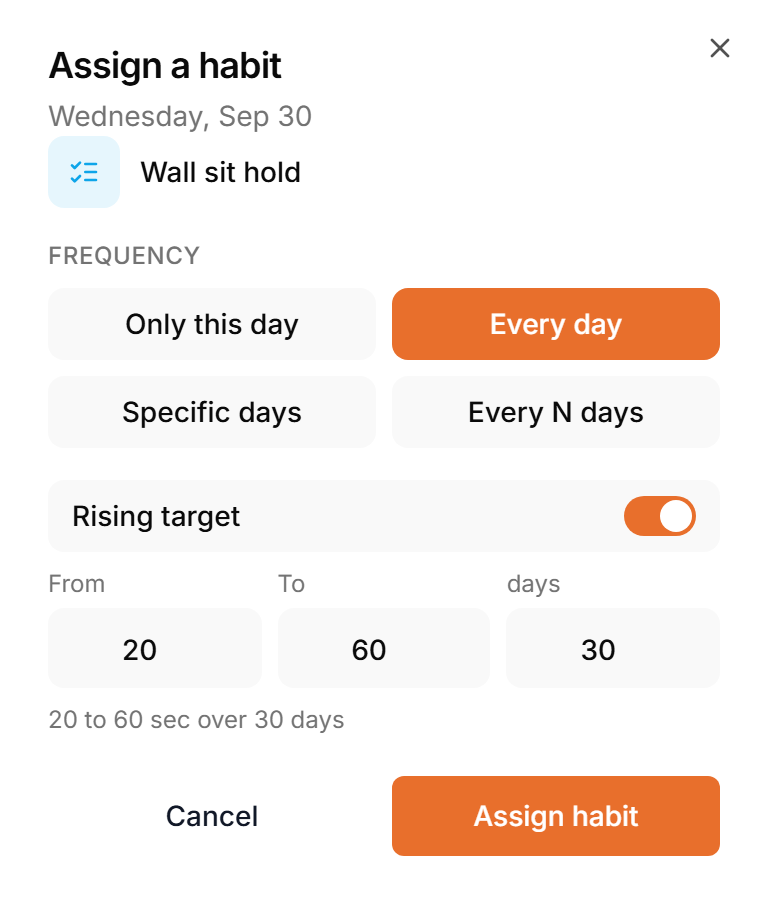 The Assign a habit dialog with Every day and Rising target