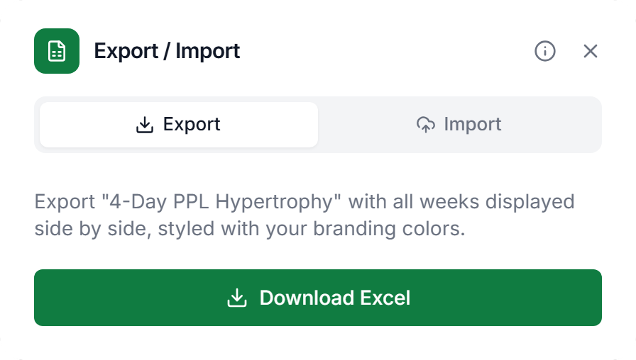 The Export tab of the Export / Import dialog